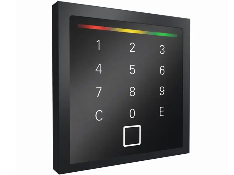 Siedle Touch Lesegerät mit Tastatur: schwarz (RAL 9005) mit Siedle grauem Metallrahmen: Multi-ISO- und Bluetooth-fähig: RS-485 Modulbus