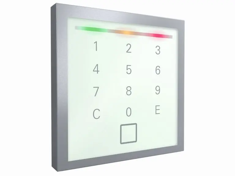 Siedle Touch Lesegerät mit Tastatur: weiß (RAL 9003) mit weißem Siedle-Rahmen: Multi-ISO- und Bluetooth-fähig: RS-485 Modulbus
